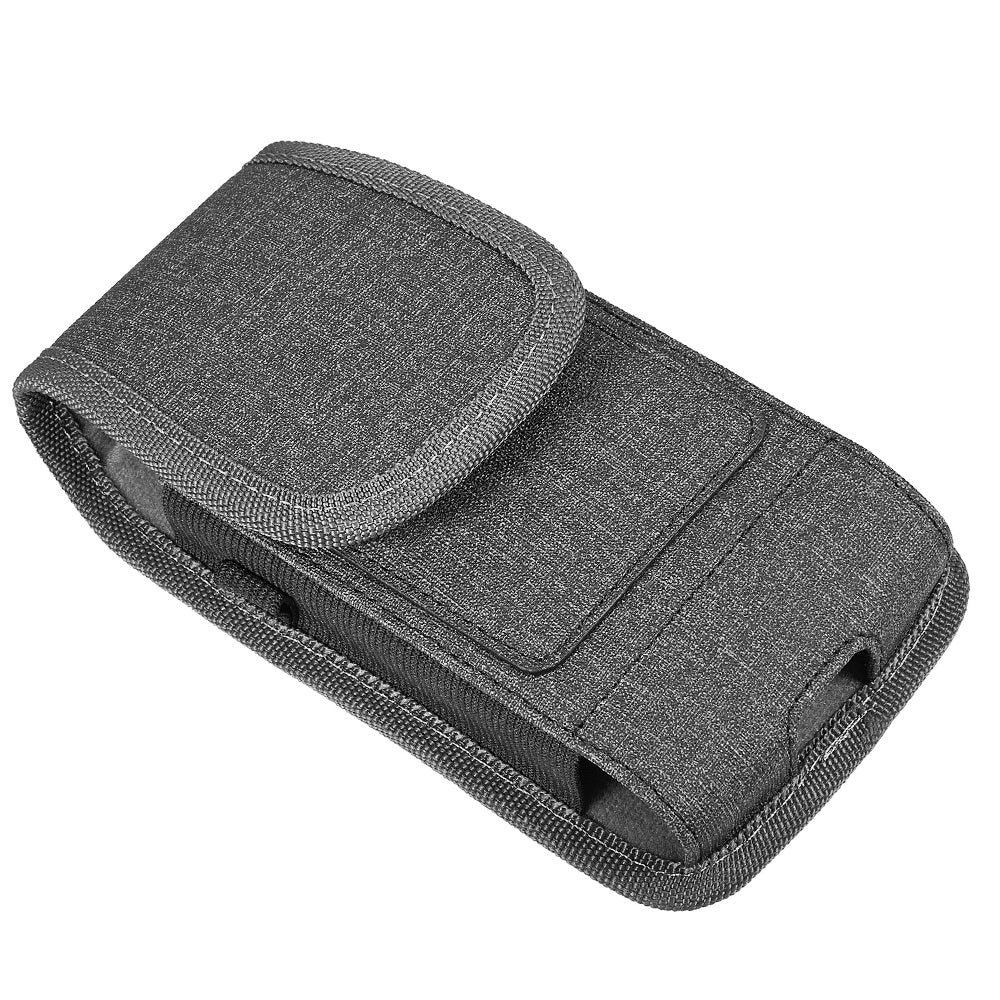 For Samsung Galaxy A23 5G Universal Vertical Fabric Case Holster with Dual Credit Card Slots, Belt Loop & Carabiner Carrying Phone Pouch [Black]