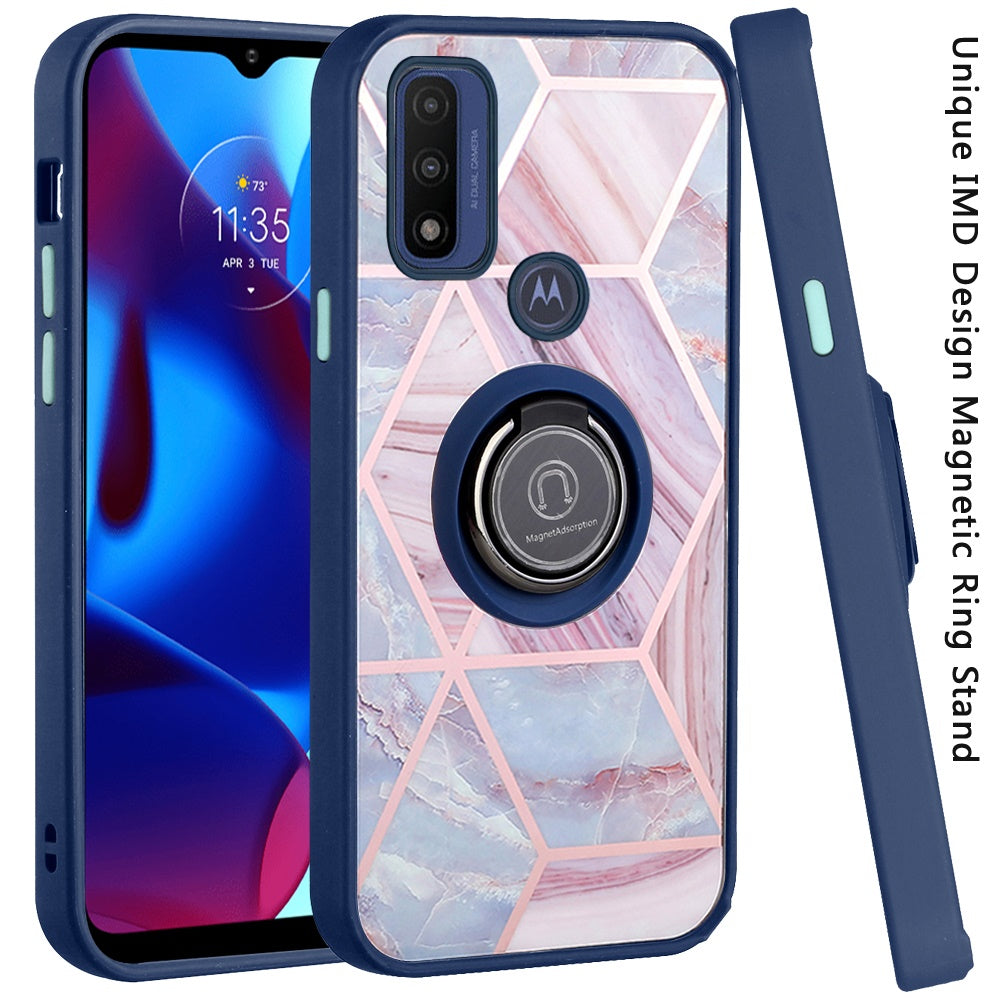 For Motorola Moto G Power 2022 Unique Marble Design with Magnetic Ring Kickstand Holder Hybrid TPU Hard Shockproof Armor  Phone Case Cover