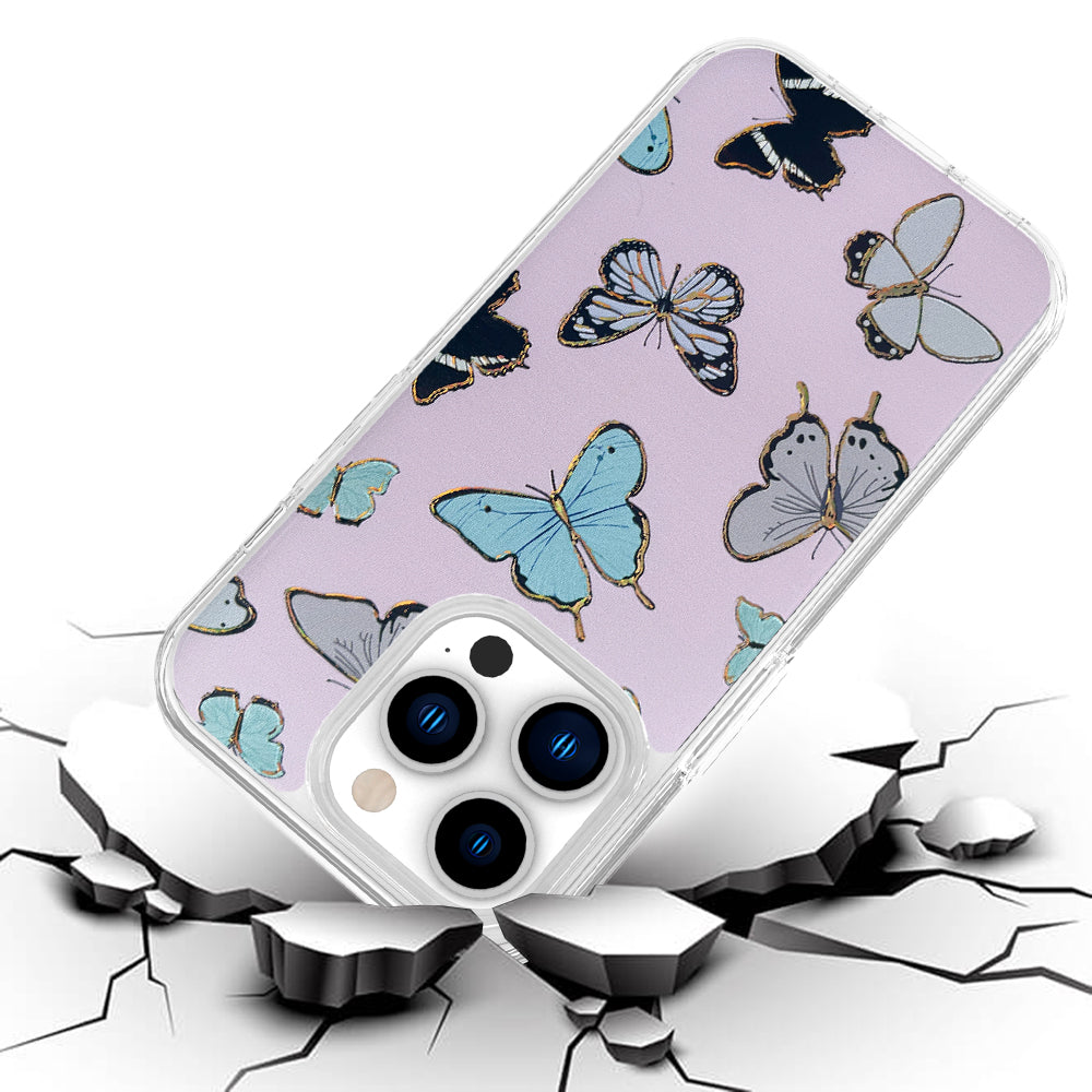 For Apple iPhone 11 (6.1") Electroplated Gold Frame Glitter Bling Transparent Hybrid Hard PC Rubber Shockproof Butterflies Phone Case Cover