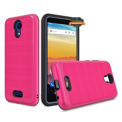 For AT&T Calypso Brushed Metal Texture Hybrid Dual Layer Defender TPU PC Rugged Shockproof Armor Carbon Fiber Design  Phone Case Cover
