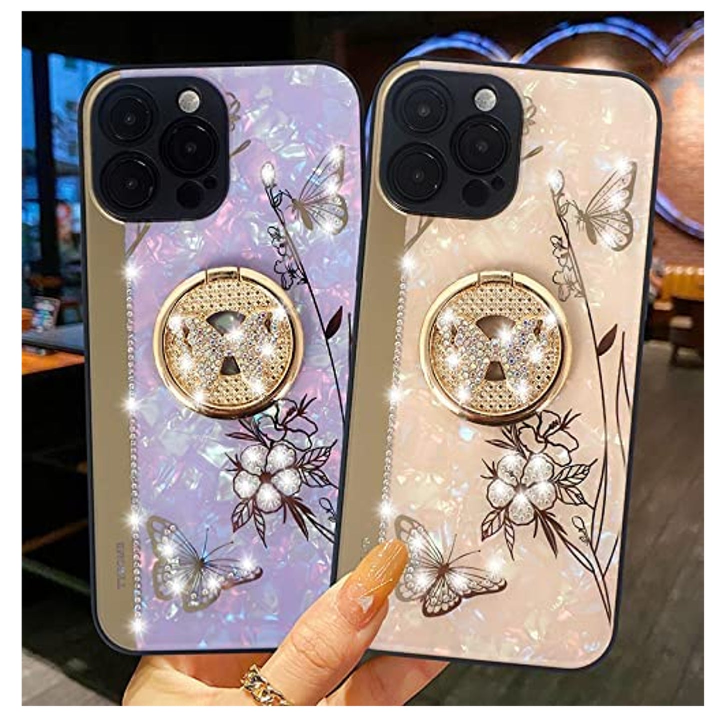 For Apple iPhone 13 / Pro Max Elegant Rhinestone 3D Diamond Bling Glitter with Ring Stand Kickstand Plating Hard Back Rugged  Phone Case Cover