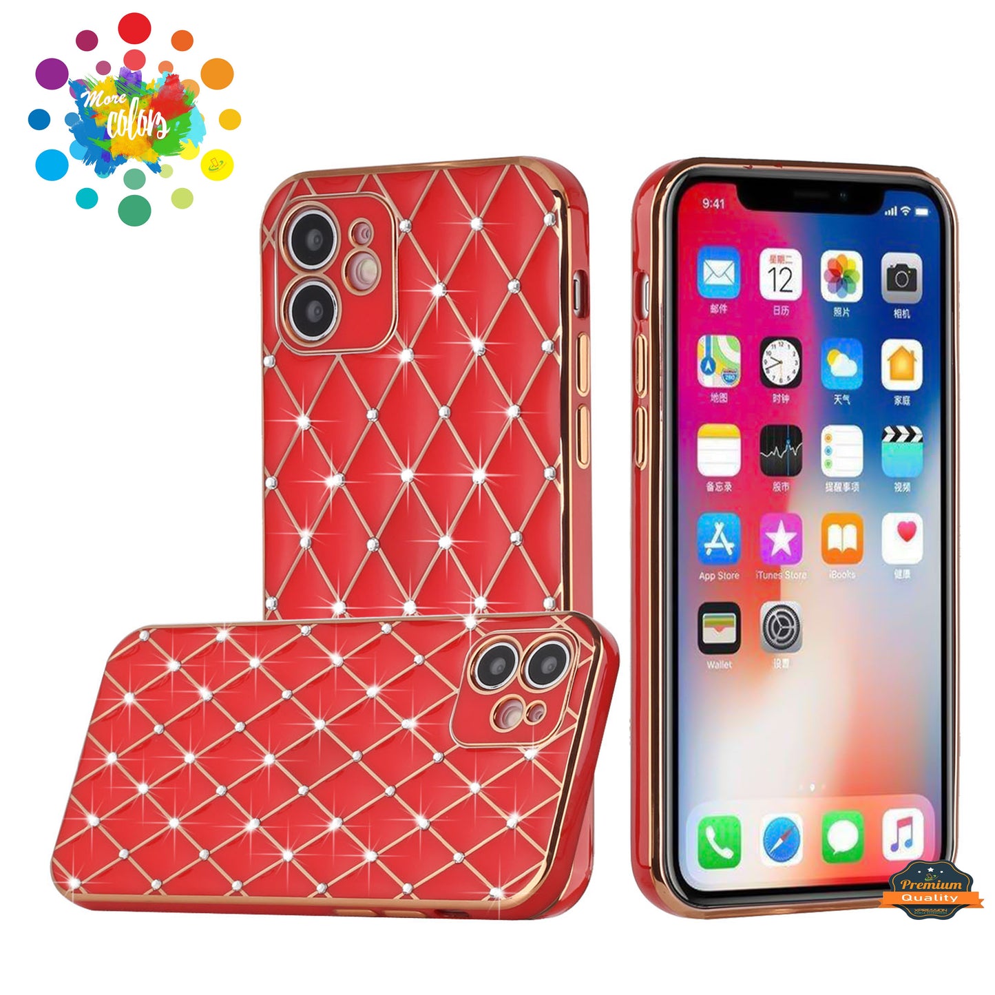 For Apple iPhone 14 Pro (6.1") Luxury Diamonds on Electroplated Grid Design Rhinestone Protective TPU Hard PC  Phone Case Cover