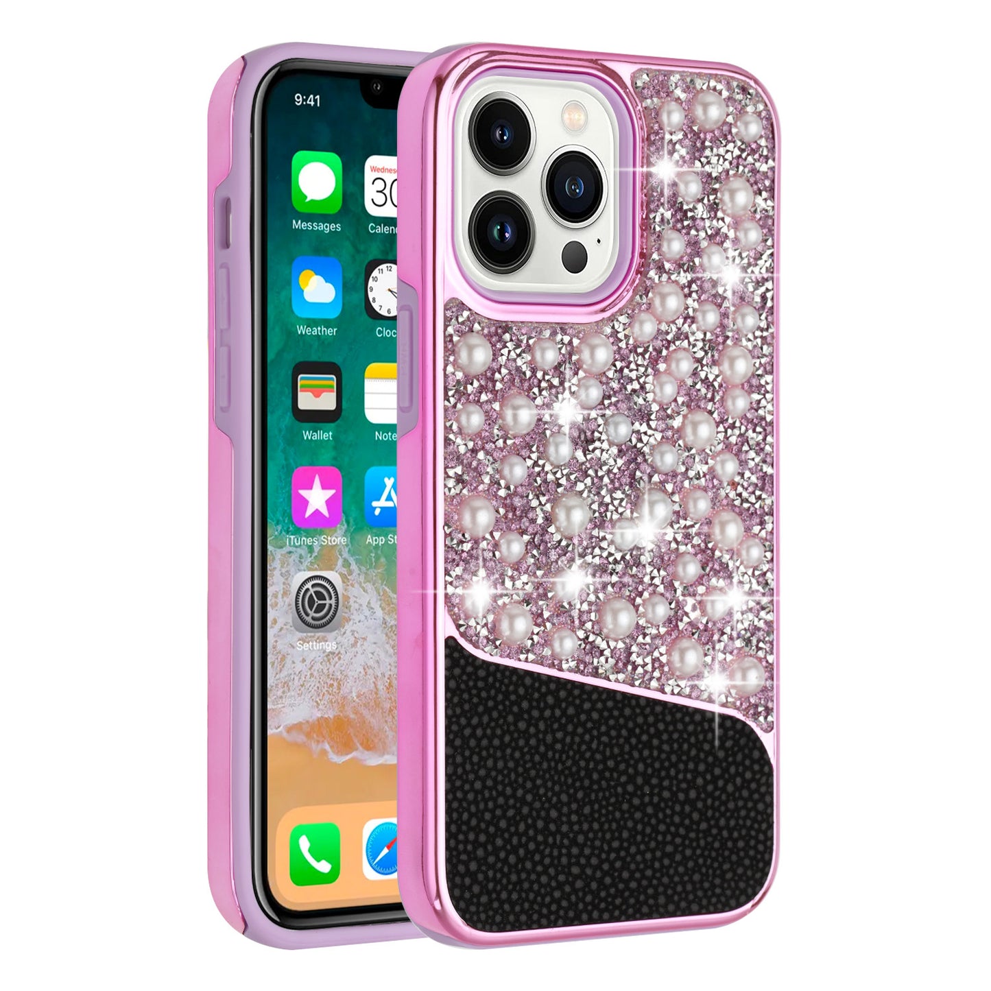 For Apple iPhone 14 Pro (6.1") Bling Pearl Diamonds Design Glitter Hybrid Thick Hard TPU Shiny Protective Rubber Frame  Phone Case Cover