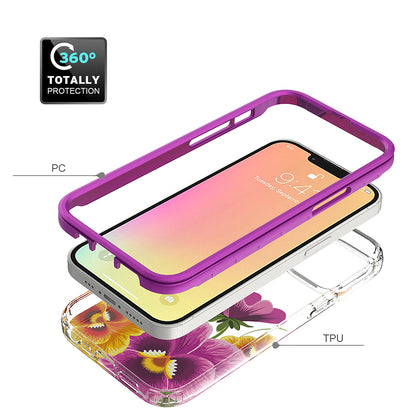 For Apple iPhone 14 Plus (6.7") Beautiful Design 3in1 Hybrid Triple Layer Armor Hard PC Plastic Rubber Frame Purple Butterfly Phone Case Cover