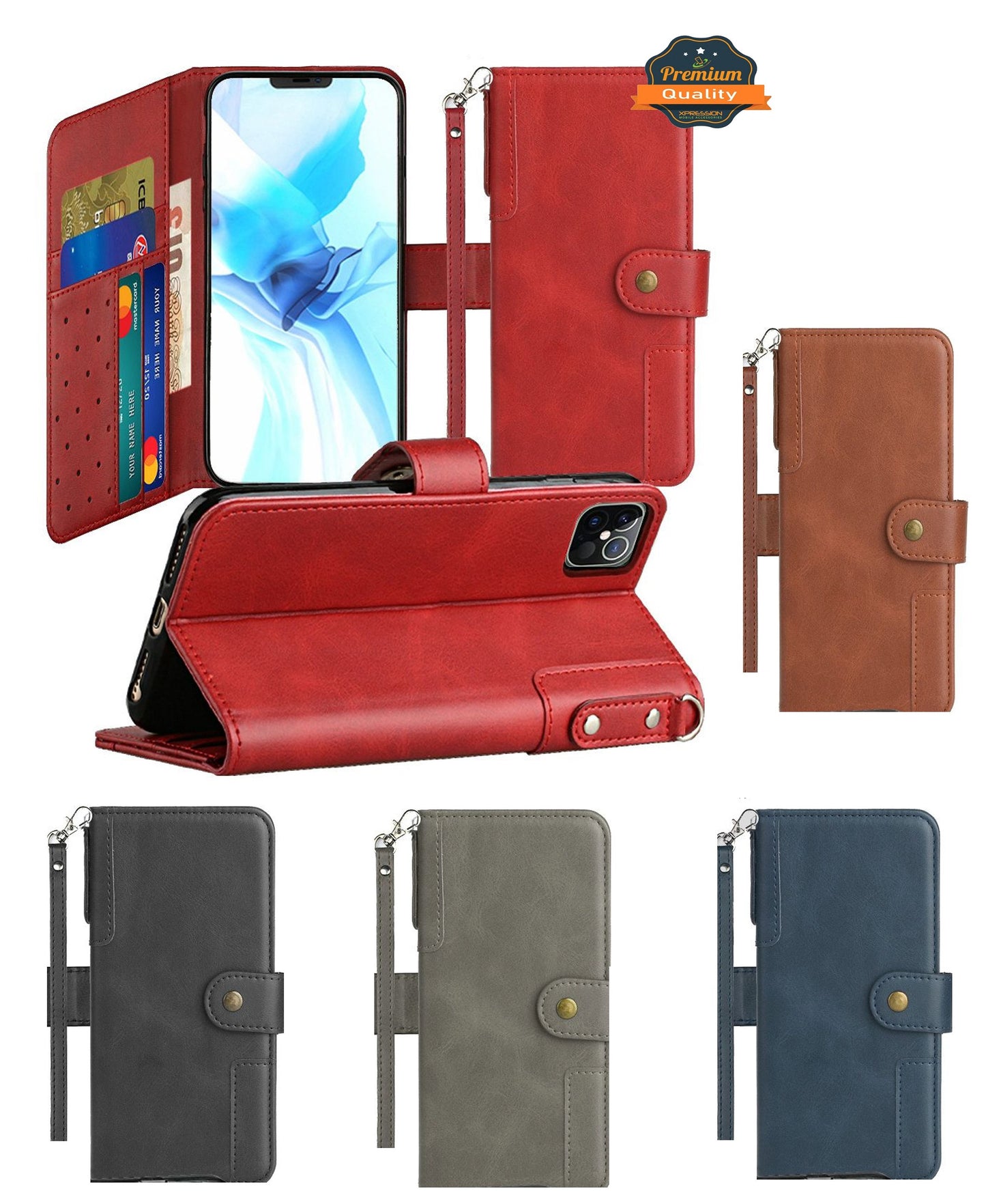 For iPhone 14 Pro (6.1") Wallet Case with Credit Card Holder, PU Leather Flip Pouch Kickstand & Strap Shockproof  Phone Case Cover