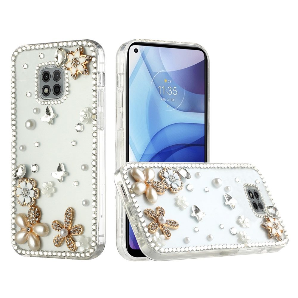 For Apple iPhone SE 3 (2022) SE/8/7 Bling Clear Crystal 3D Full Diamonds Luxury Sparkle Rhinestone Hybrid White Flower Butterfly Phone Case Cover