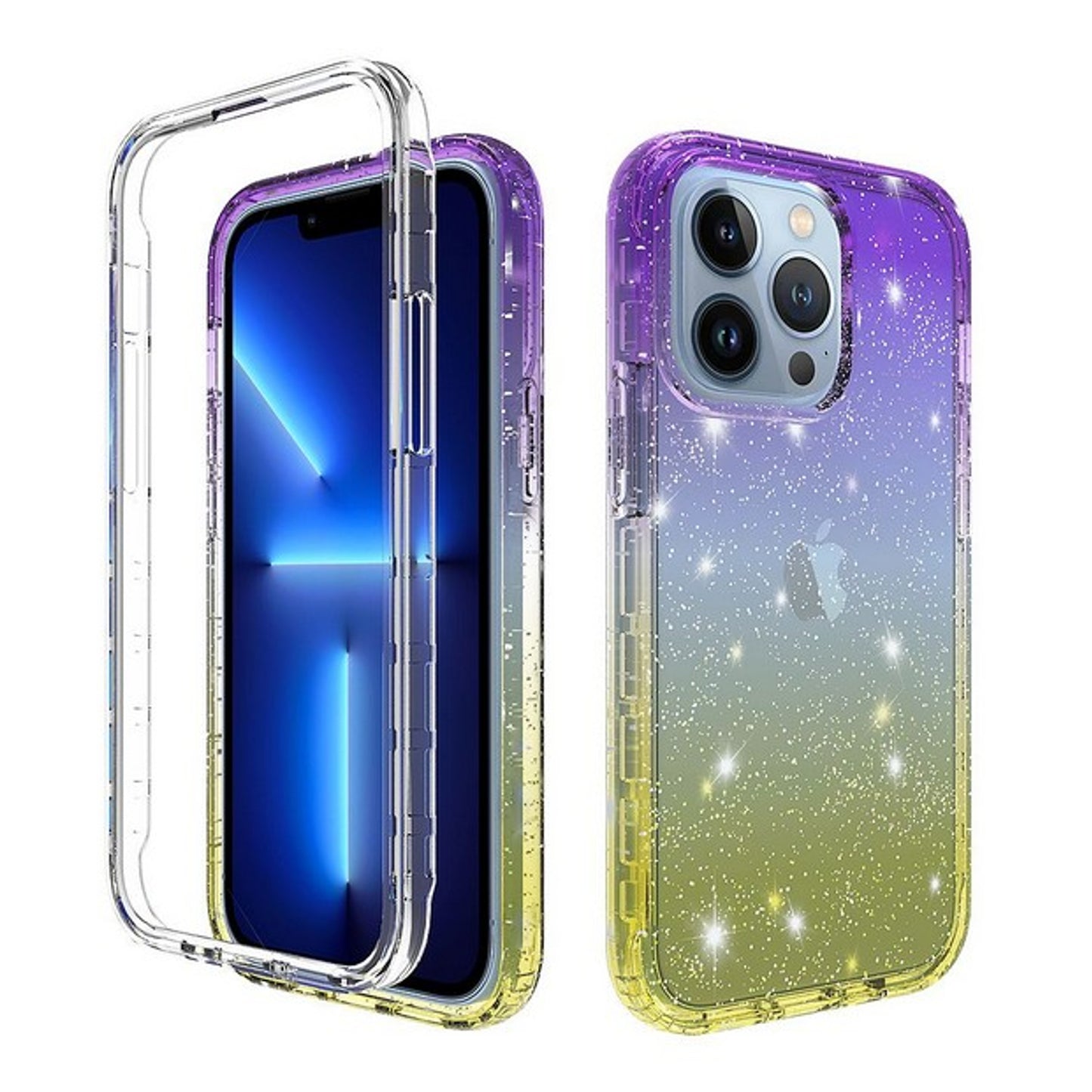For Apple iPhone 13 Pro (6.1") Clear Gradient Glitter Bling Sparkly Hybrid Hard PC Soft TPU Bumper and Front Frame Drop Protective  Phone Case Cover