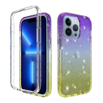 For Apple iPhone 13 Pro (6.1") Clear Gradient Glitter Bling Sparkly Hybrid Hard PC Soft TPU Bumper and Front Frame Drop Protective  Phone Case Cover