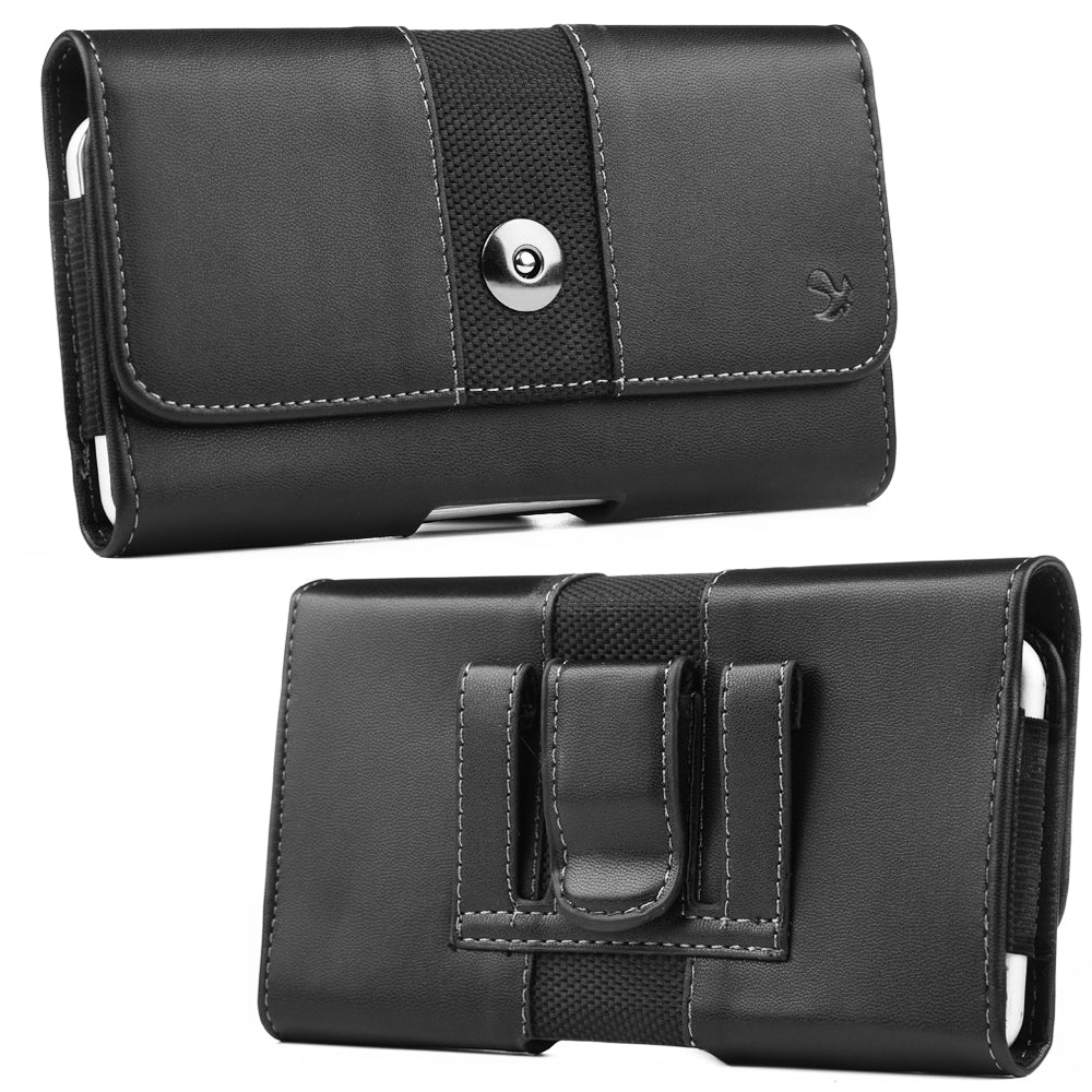 For Nokia C200 Universal Leather Case with Belt Clip and Loop Holster Phone Cover Magnetic Closure Horizontal Carry-on Pouch [Black]