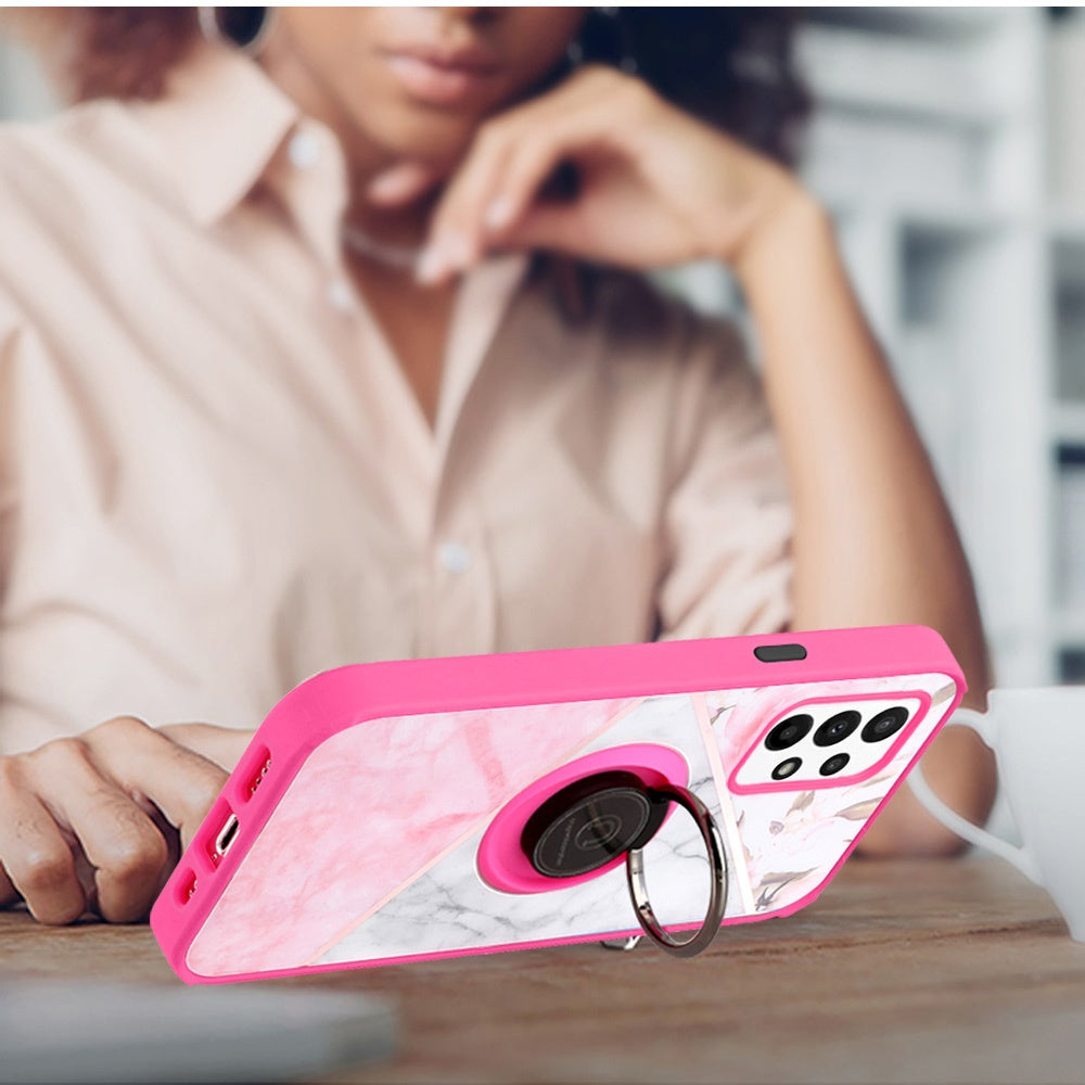 For Motorola Moto G 5G 2022 Marble Design with Magnetic Ring Kickstand Holder Hybrid TPU Hard PC Shockproof Armor Elegant Pink Phone Case Cover