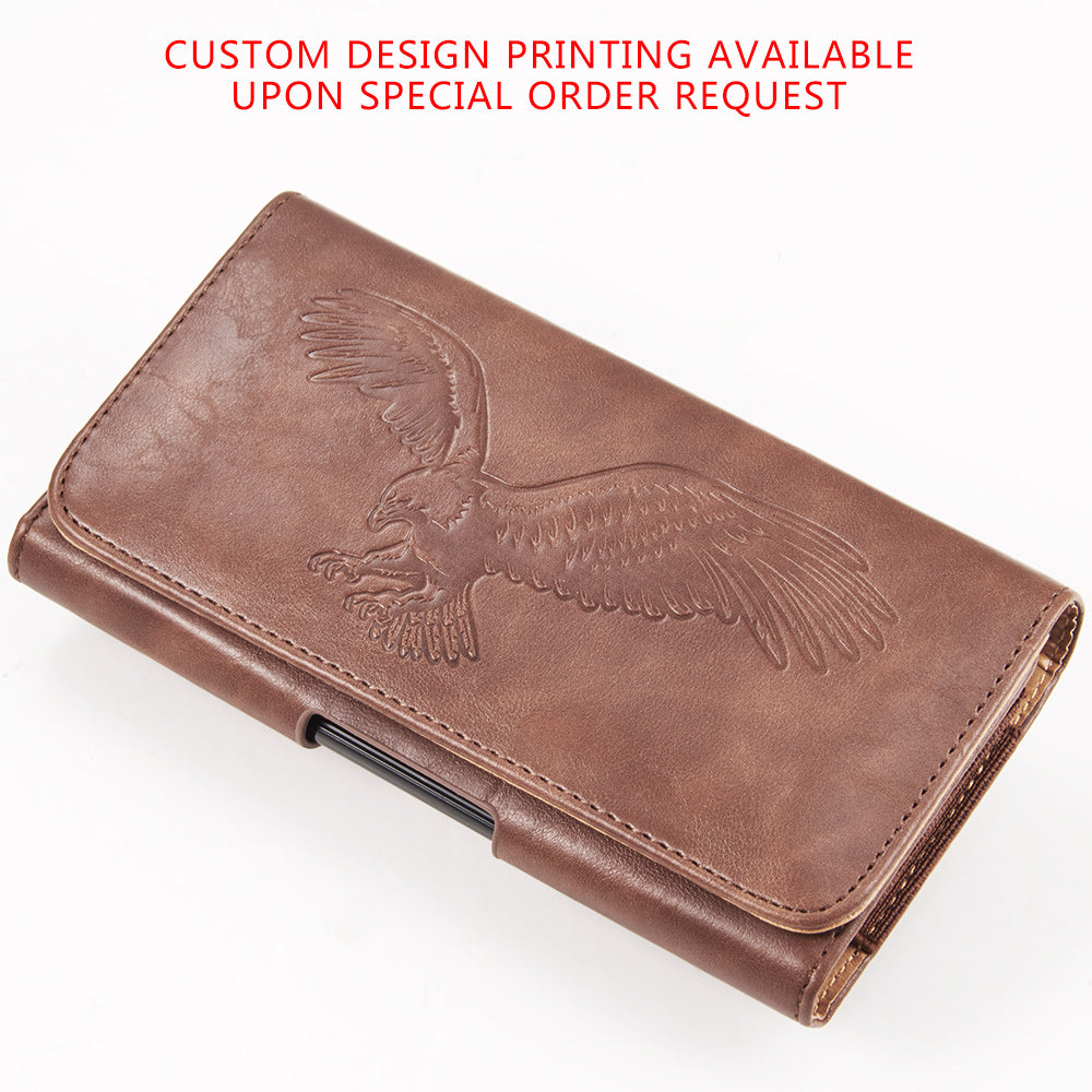 For Samsung Galaxy A23 5G Universal Horizontal Leather Phone Case with Embossed American Eagle Pouch Belt Clip Holster & Magnetic Pouch [Brown]