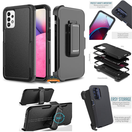 For Samsung Galaxy A23 5G Heavy Duty Rugged Shockproof Body Protection Hybrid Kickstand with Swivel Belt Clip Holster Black Phone Case Cover