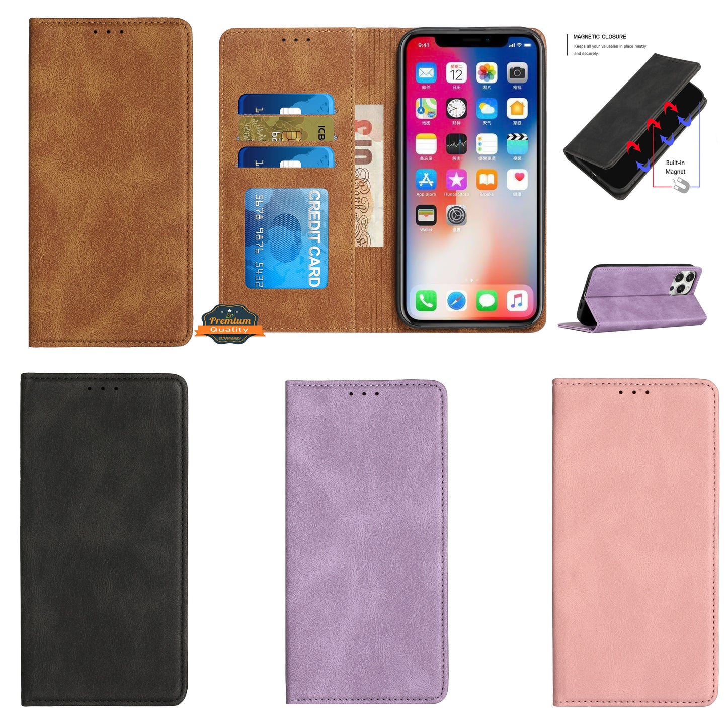 For Apple iPhone 14 Pro Max (6.7") Wallet PU Vegan Leather ID Credit Card Money Holder with Magnetic Closure Pouch Flip  Phone Case Cover