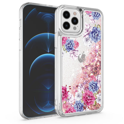 For Apple iPhone 14 Pro Max (6.7") Floral Design Quicksand Water Flowing Liquid Floating Sparkle Colorful Hybrid  Phone Case Cover