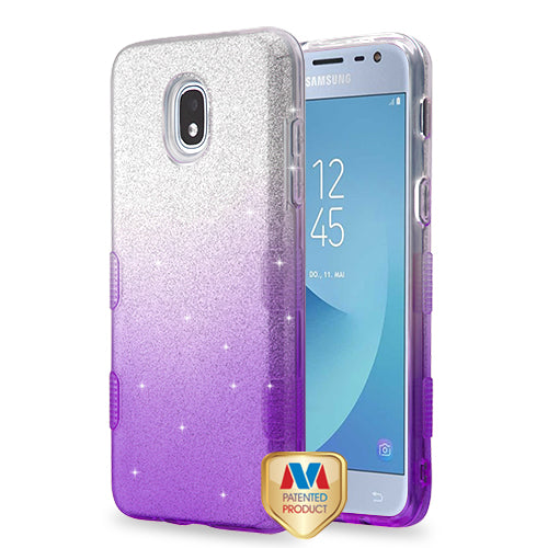 For Samsung Galaxy J3 V /J3 3rd Gen /Galaxy Express Prime 3 Glitter Stylish Design Hybrid Rubber TPU Hard PC Shockproof Armor Rugged Purple Silver Phone Case Cover