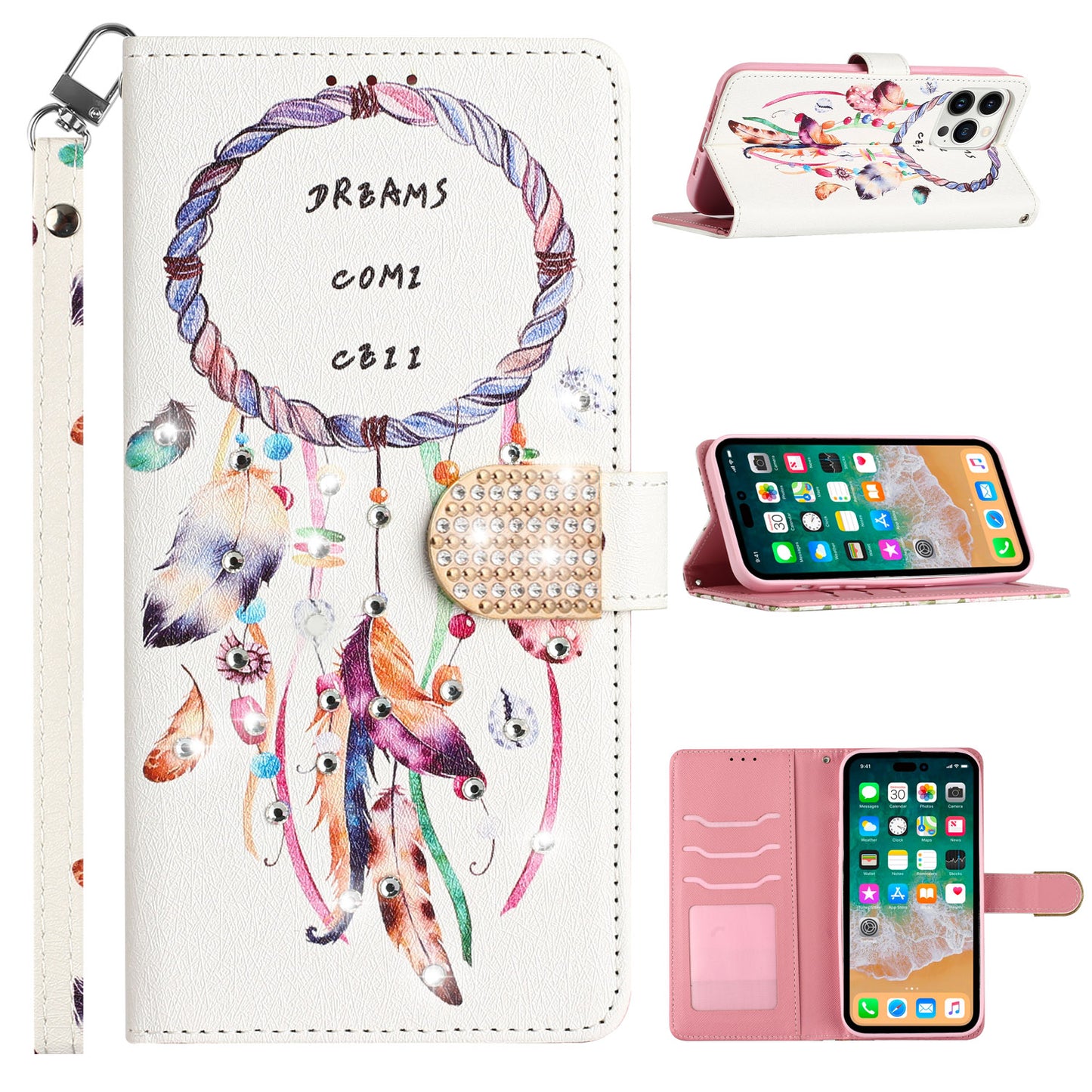 For Apple iPhone 14 Pro (6.1") Fashion Diamond Bling Design Wallet Pouch Card Slots Leather With Lanyard  Phone Case Cover