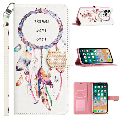 For Apple iPhone 14 Pro (6.1") Fashion Diamond Bling Design Wallet Pouch Card Slots Leather With Lanyard  Phone Case Cover