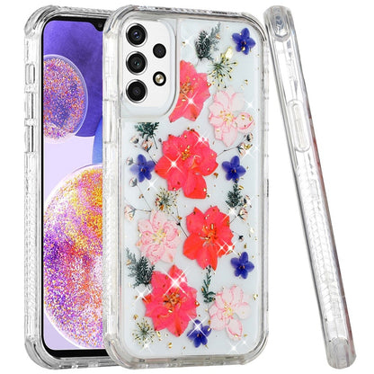 For Samsung Galaxy A23 5G Sparkle Glitter Floral Epoxy Design Shockproof Hybrid Fashion Bling Rubber TPU & Hard PC  Phone Case Cover