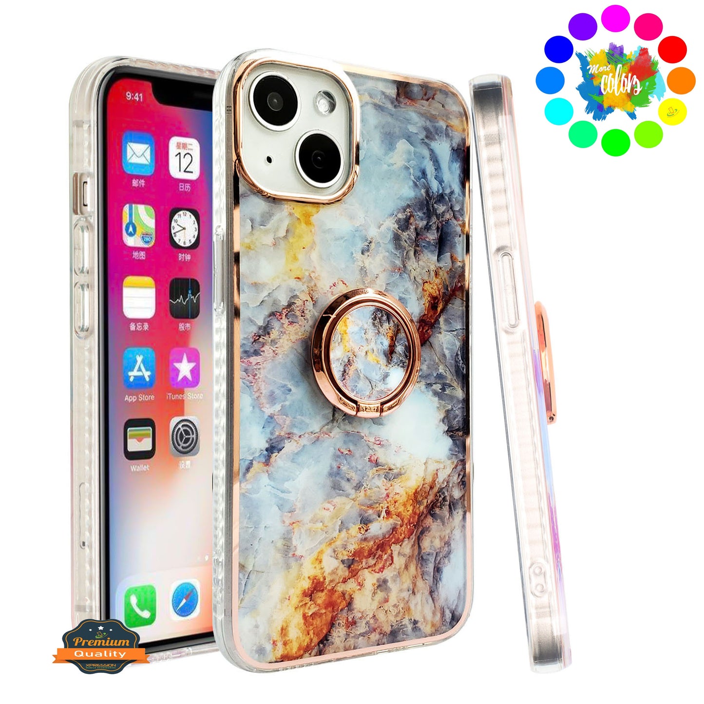 For Apple iPhone 14 Pro (6.1") Pattern Fashion Design Chromed Edge IMD with Ring Kickstand Hybrid TPU Hard Back  Phone Case Cover
