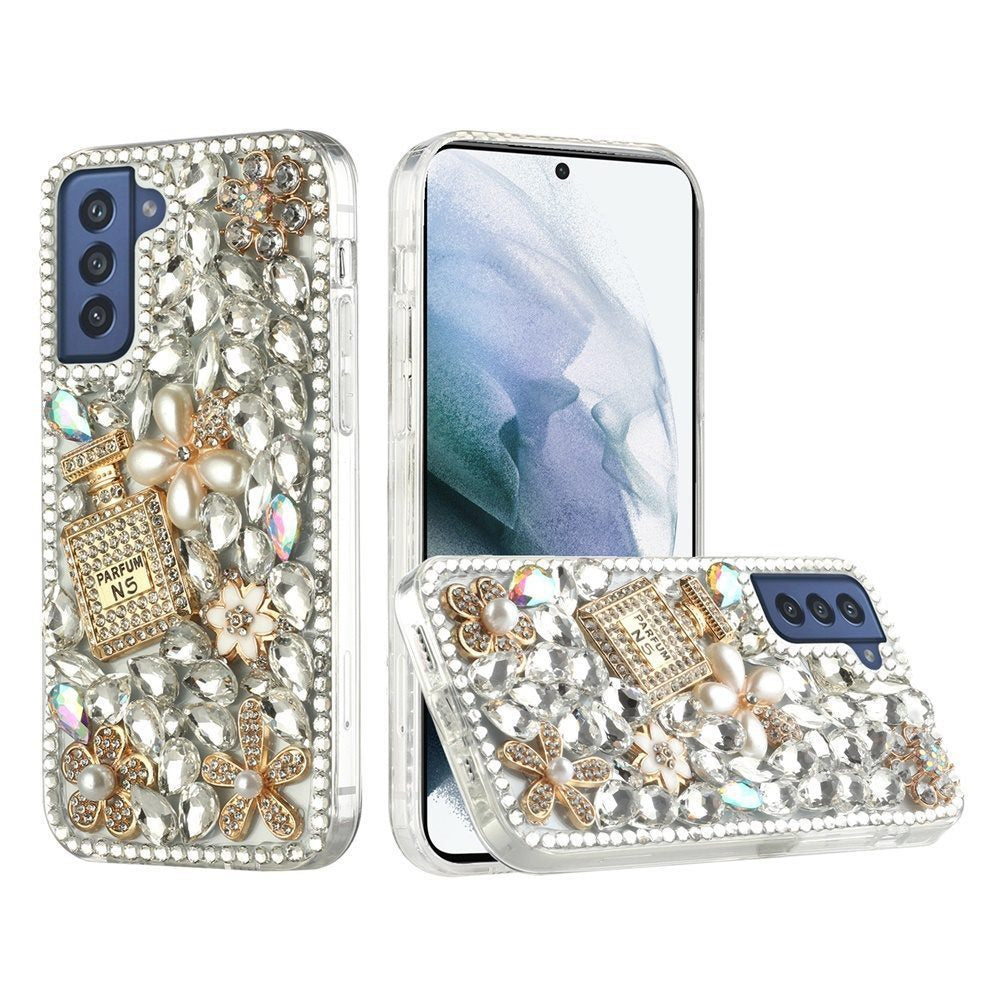 For Samsung Galaxy S22 Bling Clear Crystal 3D Full Diamonds Luxury Sparkle Rhinestone Hybrid TPU Protective Pearl Flowers Perfume Phone Case Cover