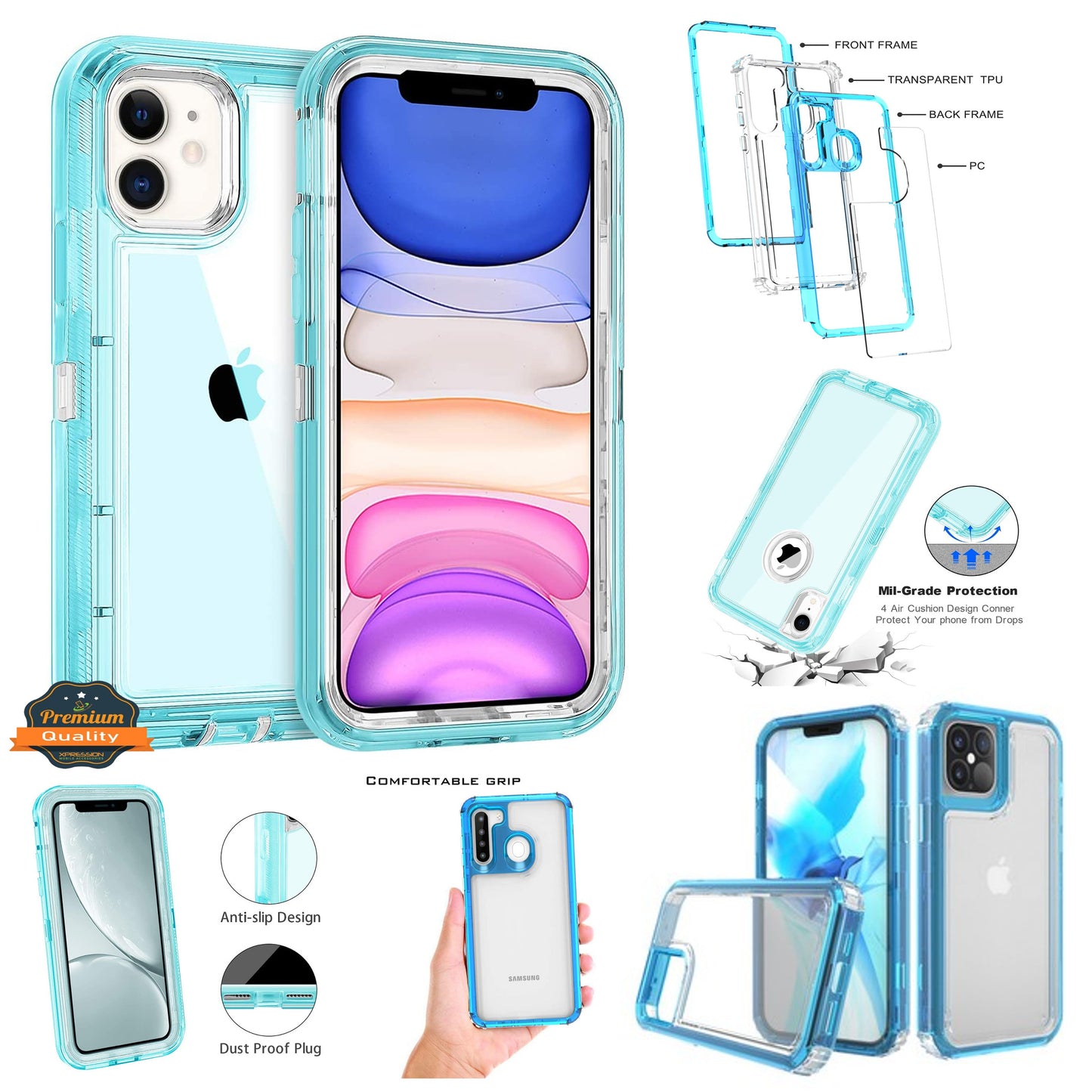 For Samsung Galaxy A22 5G Transparent 3 Layer Heavy Duty Rugged Full Body Shockproof Hybrid Hard PC + TPU Bumper Protective  Phone Case Cover