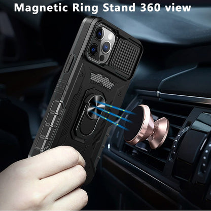 For Apple iPhone 13 Pro Max Ring Stand Cases with Slide Camera, Kickstand & Screen Protector Military Grade Shockproof  Phone Case Cover