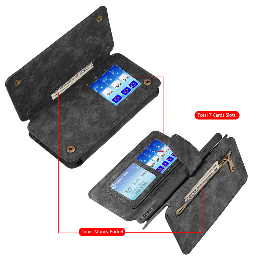 For Apple iPhone 13 /Pro Max Mini Wallet Case Magnetic Detachable Zipper Pocket PU Leather Flip Pouch with 7 Credit Card Slots Holder  Phone Case Cover