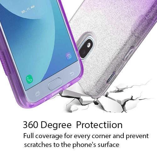 For Samsung Galaxy J3 V /J3 3rd Gen /Galaxy Express Prime 3 Glitter Stylish Design Hybrid Rubber TPU Hard PC Shockproof Armor Rugged Purple Silver Phone Case Cover