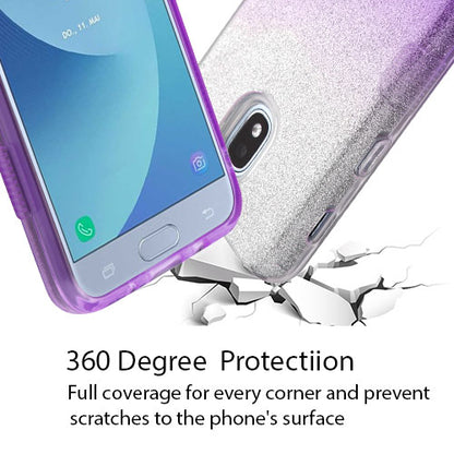 For Samsung Galaxy J3 V /J3 3rd Gen /Galaxy Express Prime 3 Glitter Stylish Design Hybrid Rubber TPU Hard PC Shockproof Armor Rugged Purple Silver Phone Case Cover