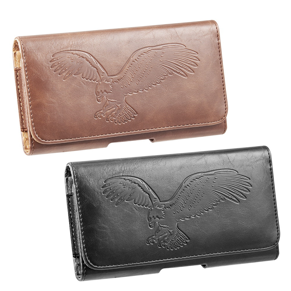 For Samsung Galaxy A23 5G Universal Horizontal Leather Phone Case with Embossed American Eagle Pouch Belt Clip Holster & Magnetic Pouch [Black]