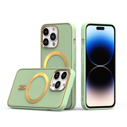 For Apple iPhone 14 Pro Max (6.7") Ultimate PU Leather Hybrid with MagSafe Compatible Bumper Gold Frame Protection  Phone Case Cover