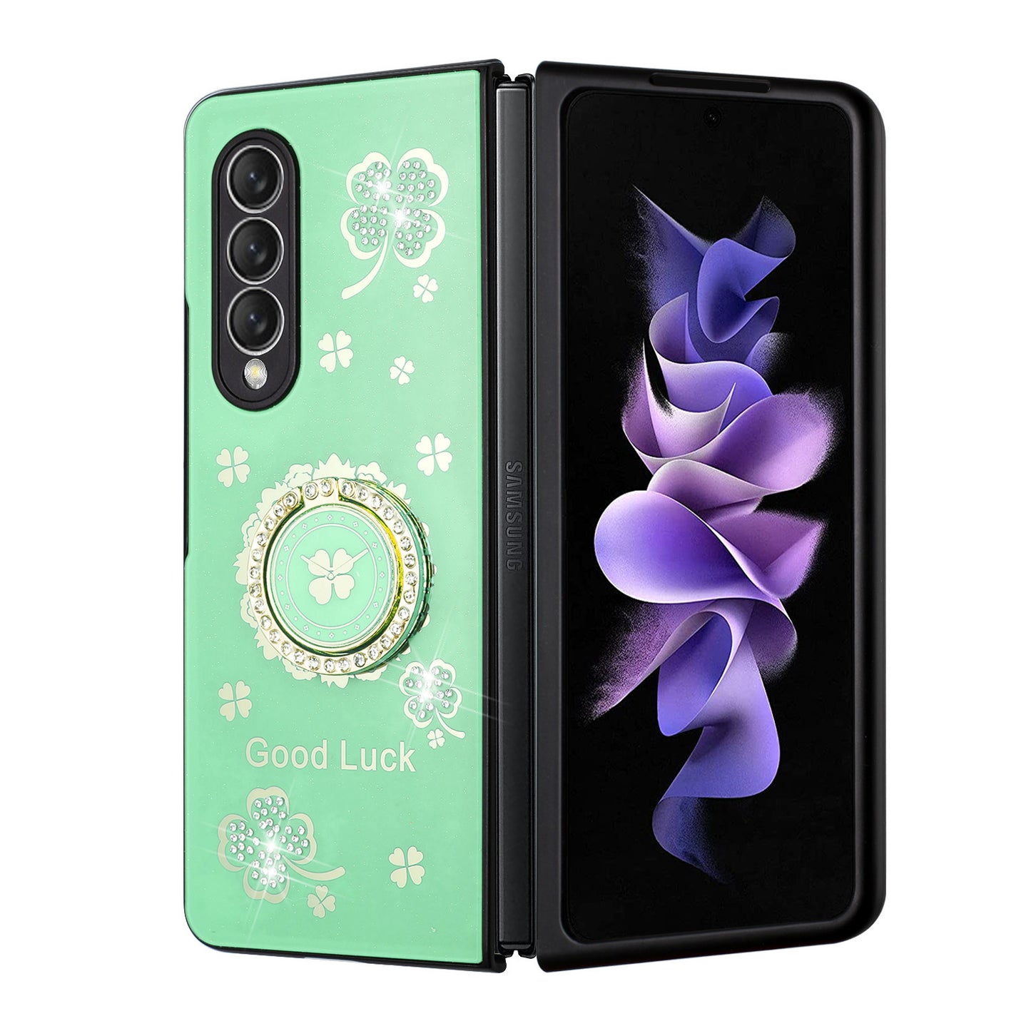 For Samsung Galaxy Z Fold 4 5G Diamond Bling Sparkly Glitter Ornaments Engraving Hybrid Ring Stand Fashion  Phone Case Cover