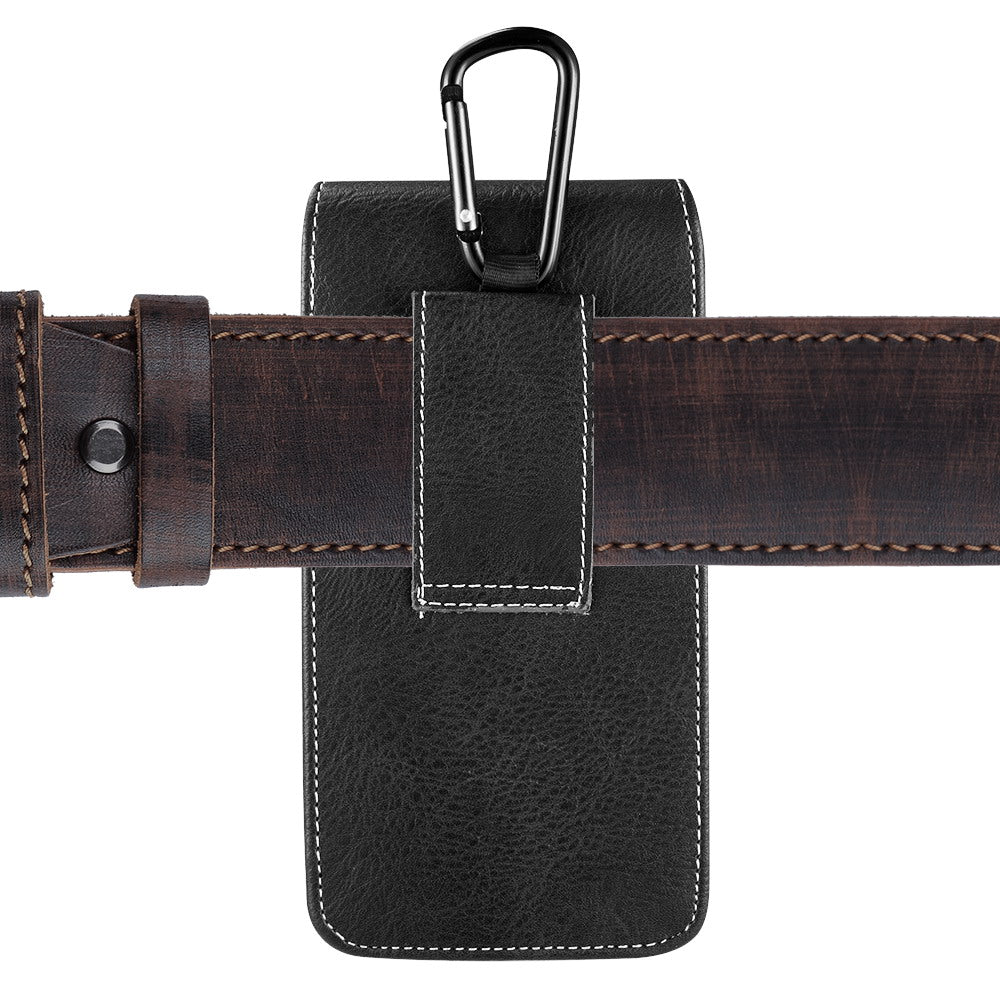 For Samsung Galaxy A23 5G Universal Vertical Leather Case Holster with Credit Card Holder, Belt Loop & Carabiner Carrying Phone Pouch [Black]