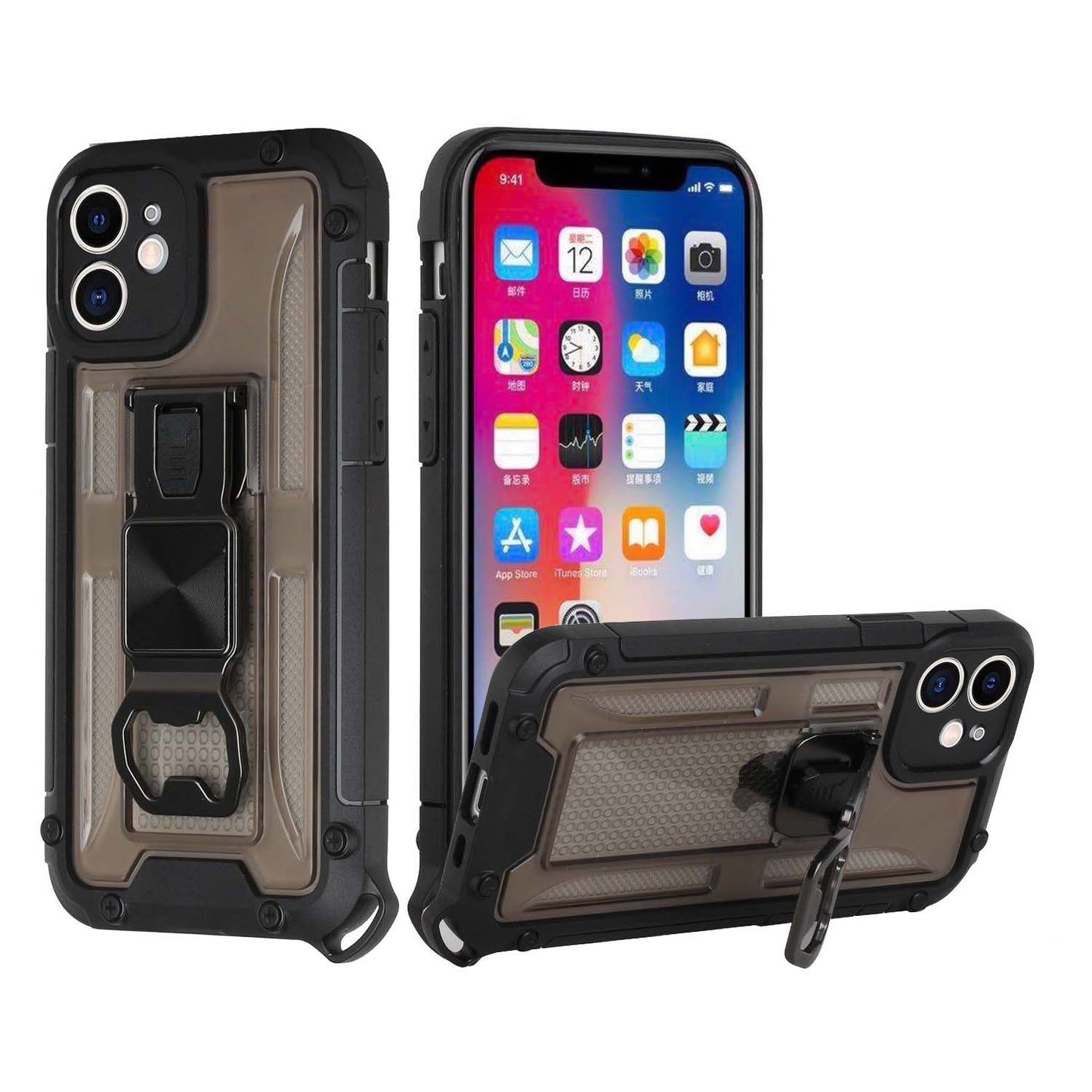 For Apple iPhone 11 Heavy Duty Military Grade Rugged Hybrid with Magnetic Kickstand, Carabiner, Bottle Beer Opener  Phone Case Cover