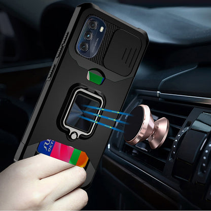 For Motorola Moto G 5G 2022 Wallet Case with Ring Stand & Slide Camera Cover Credit Card Holder, Military Grade Hard  Phone Case Cover