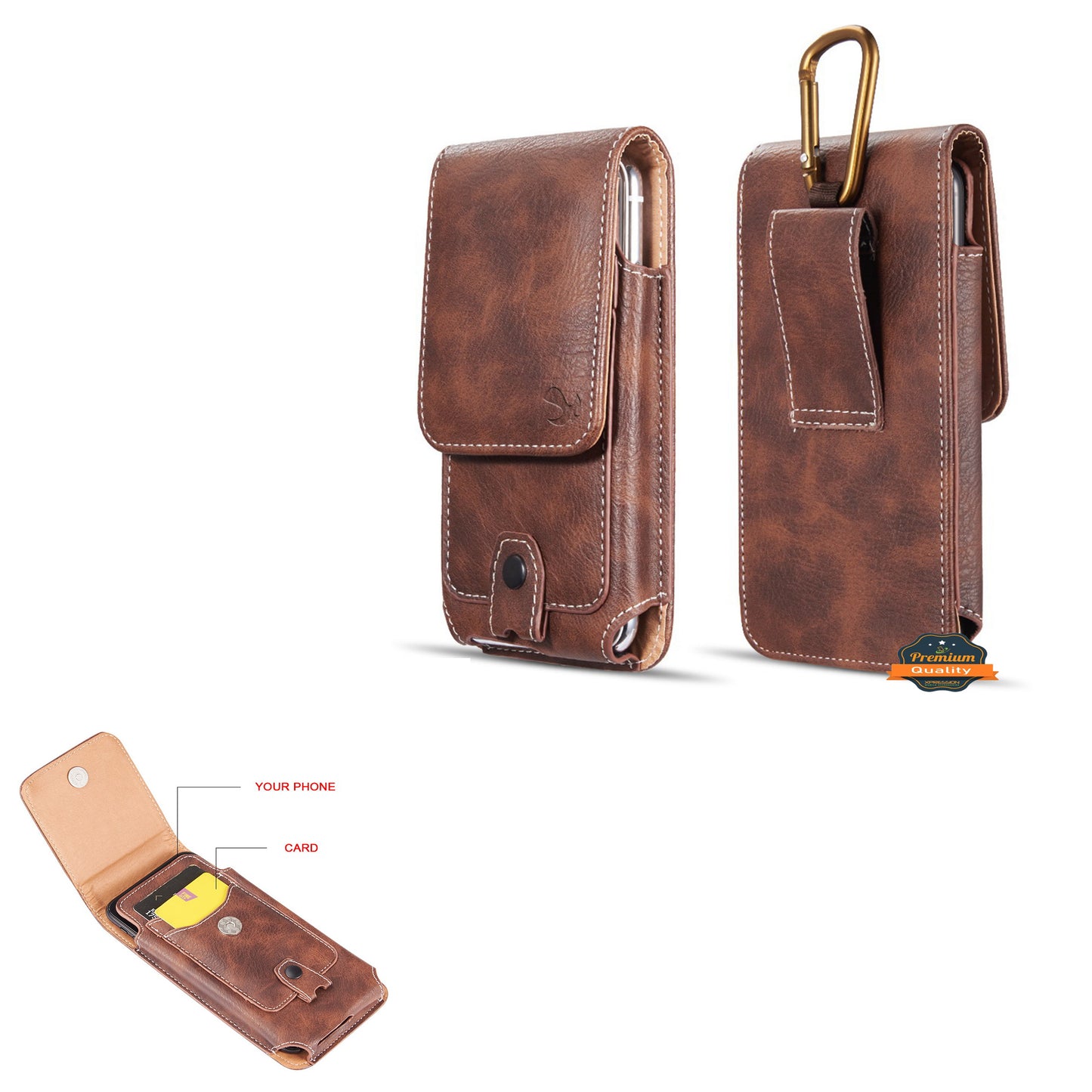 For Samsung Galaxy A23 5G Universal Vertical Leather Case Holster with Credit Card Holder, Belt Loop & Carabiner Carrying Phone Pouch [Brown]