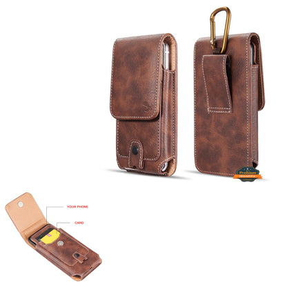 For Samsung Galaxy A23 5G Universal Vertical Leather Case Holster with Credit Card Holder, Belt Loop & Carabiner Carrying Phone Pouch [Brown]