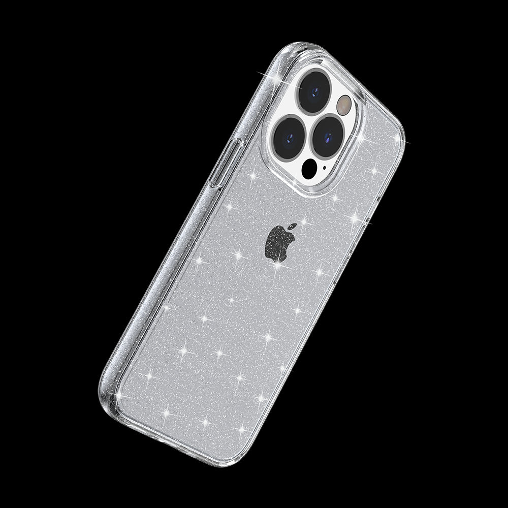 For Apple iPhone 14 Pro (6.1") Transparent Glitter Shiny Sparkle Bling TPU Rubber Hard Back Hybrid Frame Shockproof Gray Smoke Phone Case Cover