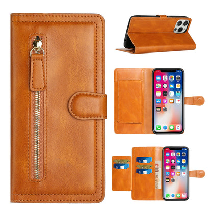 For Samsung Galaxy S22 Plus Multi Credit Card Holder Zipper Storage PU Leather Wallet Pockets Double Flap Pouch Flip Tan Phone Case Cover