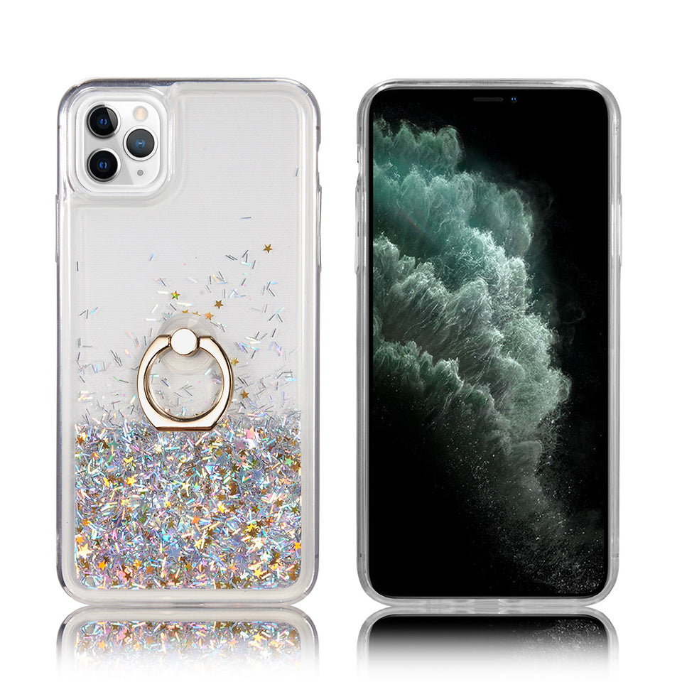 For Apple iPhone 14 /Plus Pro Max Hybrid Glitter Bling Sparkling Liquid Quicksand Sparkle TPU PC with Ring Stand Holder  Phone Case Cover
