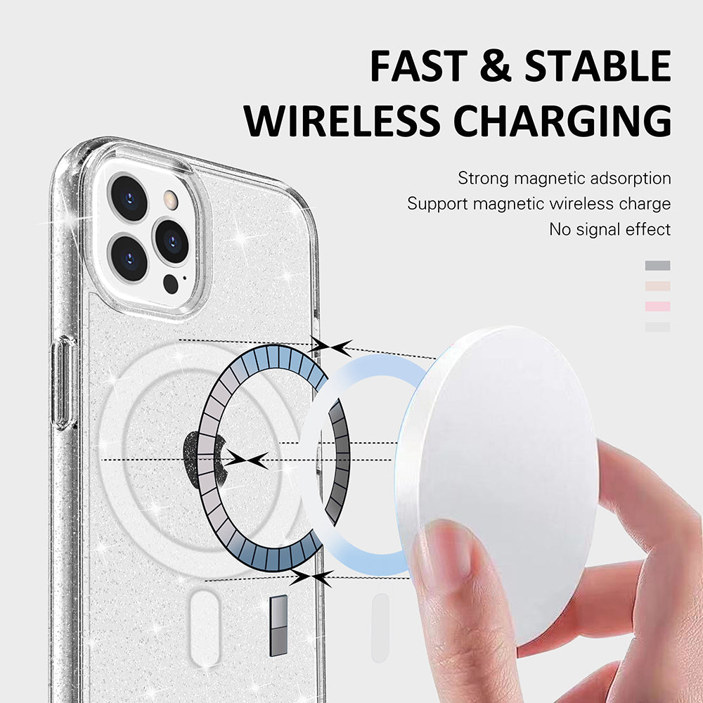 For Apple iPhone 14 /Plus Pro Max Transparent Glitter Bling Sparkly Hybrid Hard PC TPU Grip Shockproof Compatible with MagSafe  Phone Case Cover