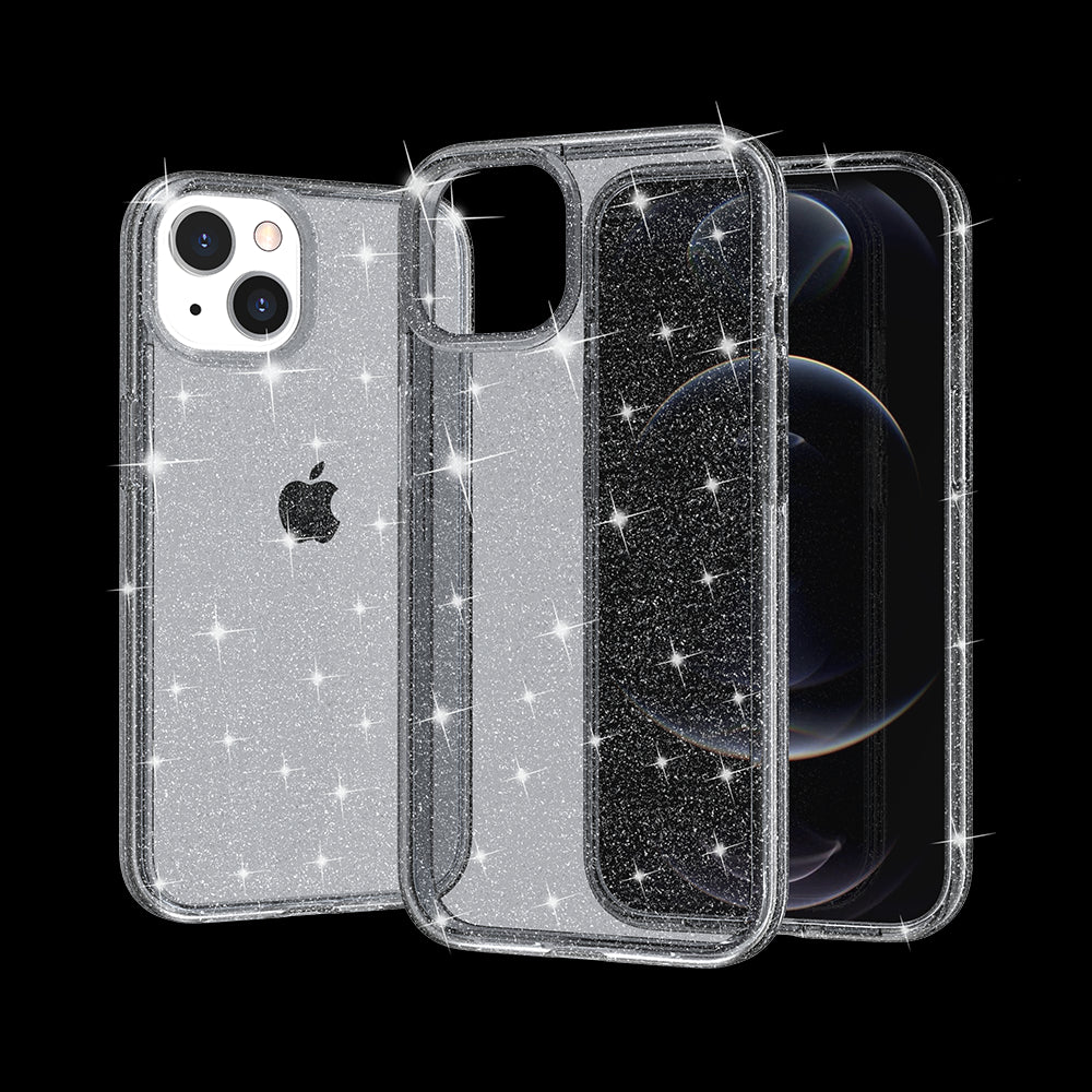 For Apple iPhone 14 Pro (6.1") Transparent Glitter Shiny Sparkle Bling TPU Rubber Hard Back Hybrid Frame Shockproof Gray Smoke Phone Case Cover