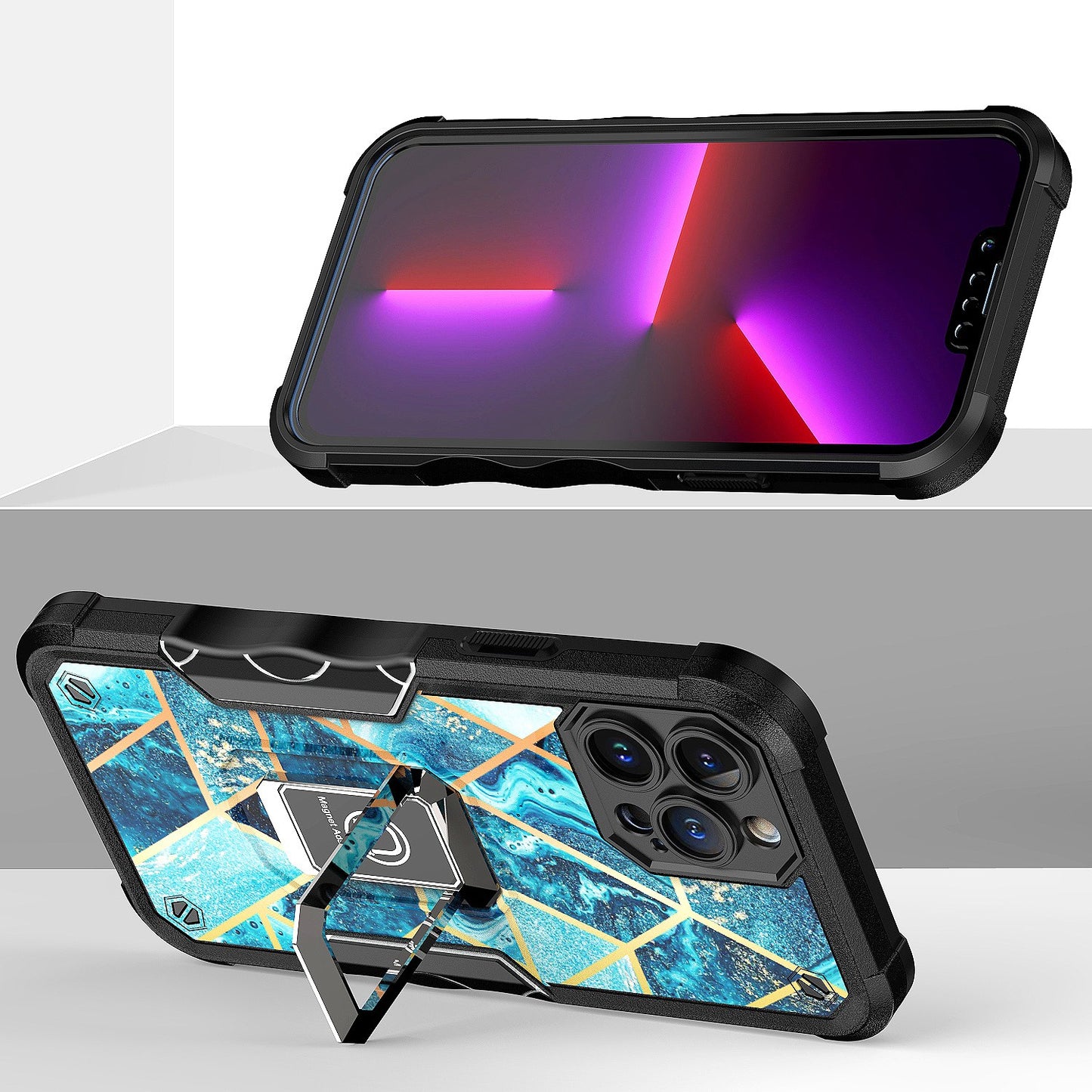 For iPhone 14 Pro (6.1") Marble IMD Stone Design Hybrid Armor Magnetic Ring Stand Kickstand Heavy Duty Rugged  Phone Case Cover