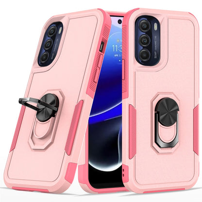 For Apple iPhone 14 Pro (6.1") Hybrid Rugged Hard Drop-Proof 3 Layer Protection Military Grade Armor Metal Ring Stand Pink Phone Case Cover