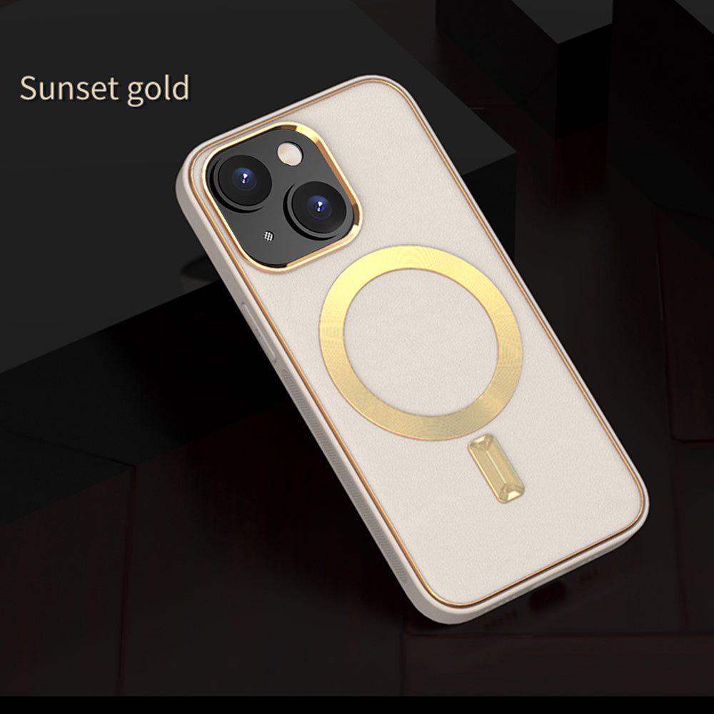 For Apple iPhone 14 /Plus Pro Max PU Leather MagSafe Compatible with Gold Trim & Raised Camera Protection Hybrid  Phone Case Cover
