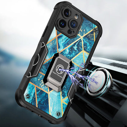 For Apple iPhone 14 Pro Max (6.7") Marble IMD Stone Design Hybrid Magnetic Ring Stand Kickstand Heavy Duty Rugged  Phone Case Cover