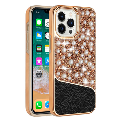 For Apple iPhone 14 Pro Max (6.7") Bling Pearl Diamonds Design Glitter Hybrid Thick Hard TPU Shiny Protective Frame  Phone Case Cover