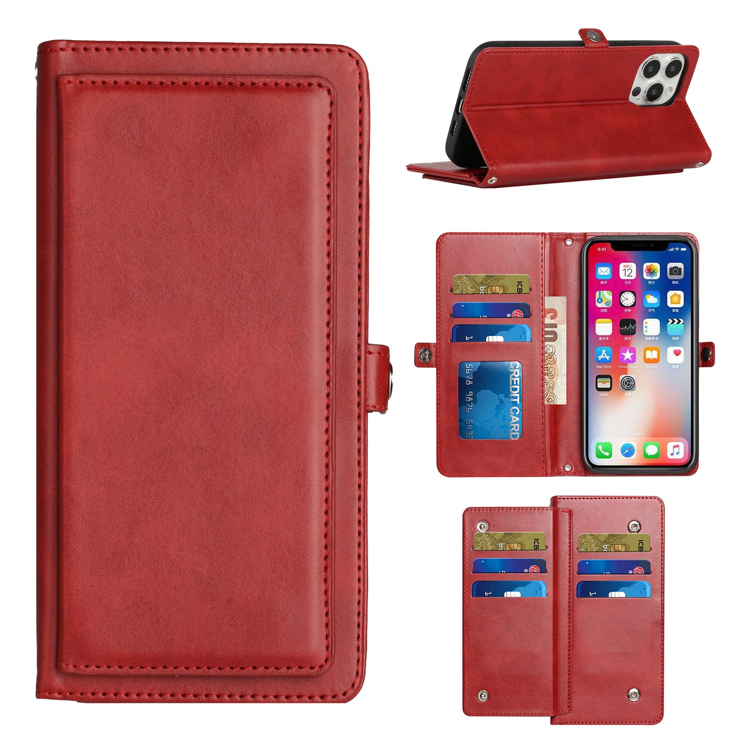 For Apple iPhone 14 Pro Max (6.7") Luxury 9 ID Cash Credit Card Slots Holder Carrying Pouch Folio Flip PU Leather Lanyard  Phone Case Cover