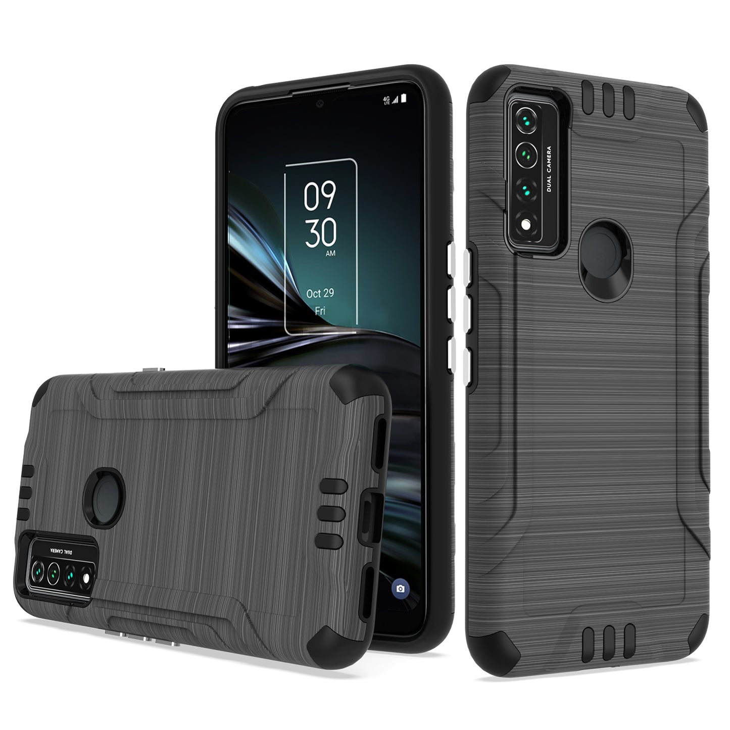 For TCL 4X (T601DL) Hybrid Dual Layer Slim Defender Armor Tuff Metallic Brush Texture Finishing Shockproof Hard PC + Soft TPU Rubber  Phone Case Cover