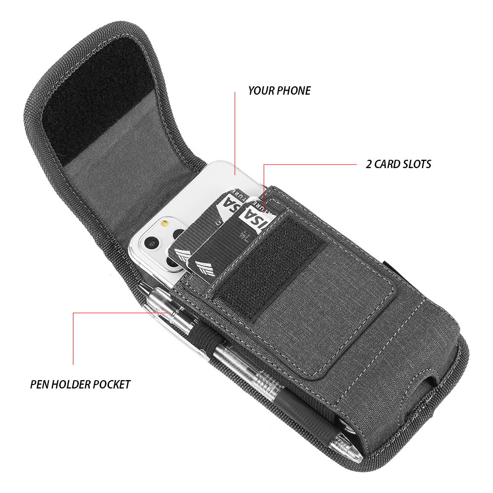 For Samsung Galaxy A23 5G Universal Vertical Fabric Case Holster with Dual Credit Card Slots, Belt Loop & Carabiner Carrying Phone Pouch [Black]
